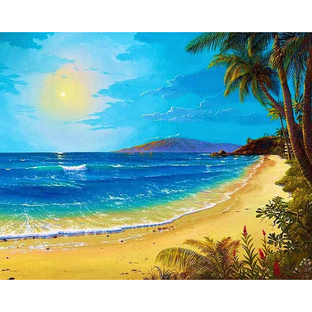 Морской пейзаж с пальмами и солнцем