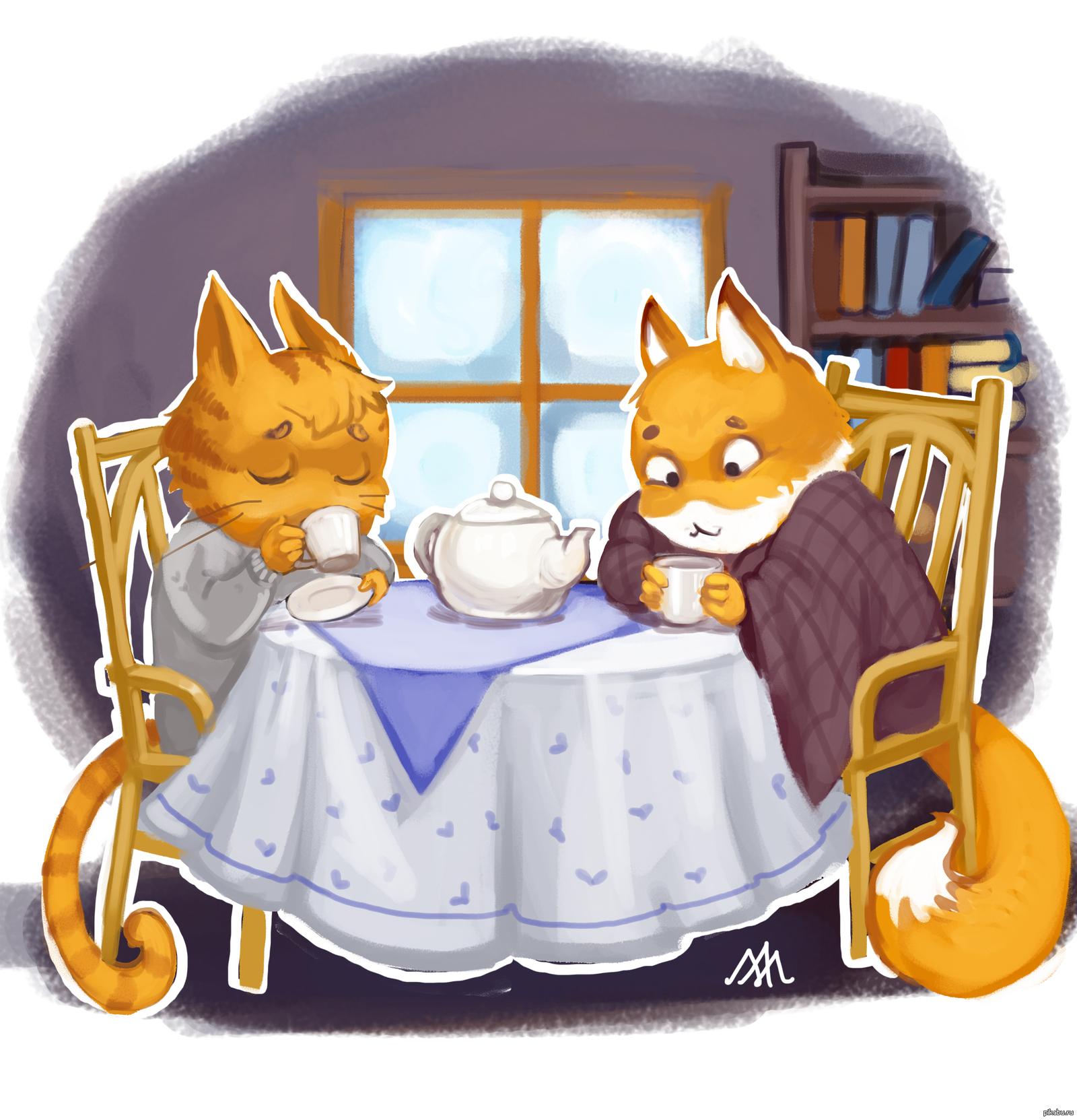Котенок пьет чай
