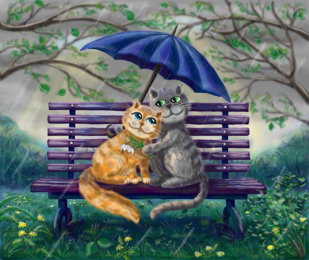 Кот под зонтом живопись