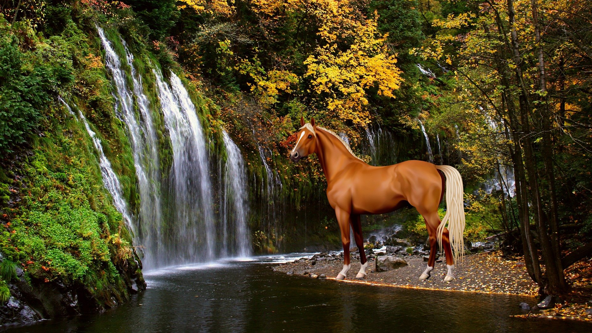 Лошади и водопад