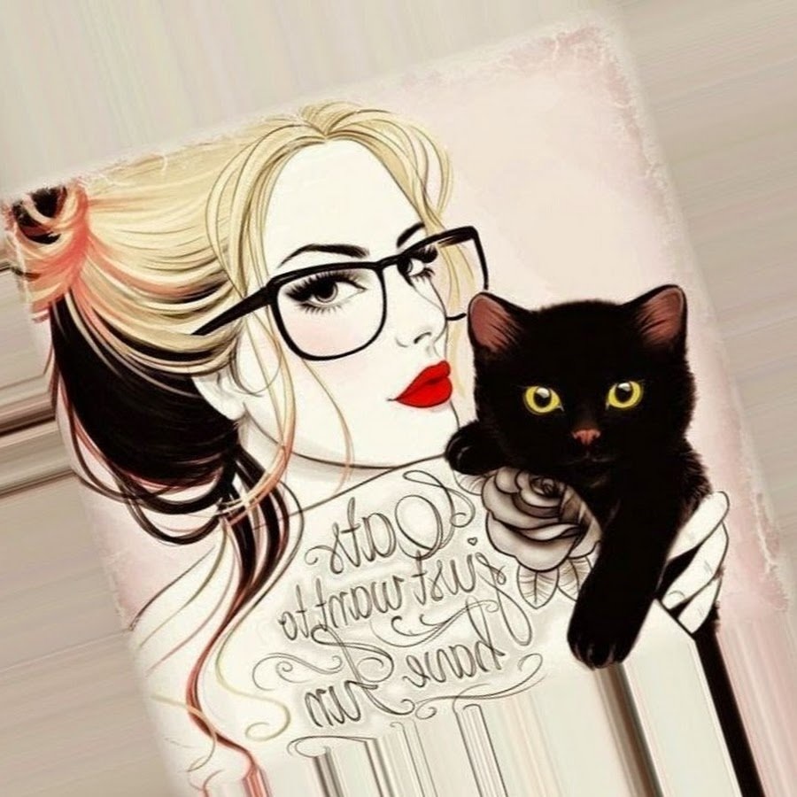 Девушка в очках с котом рисунок