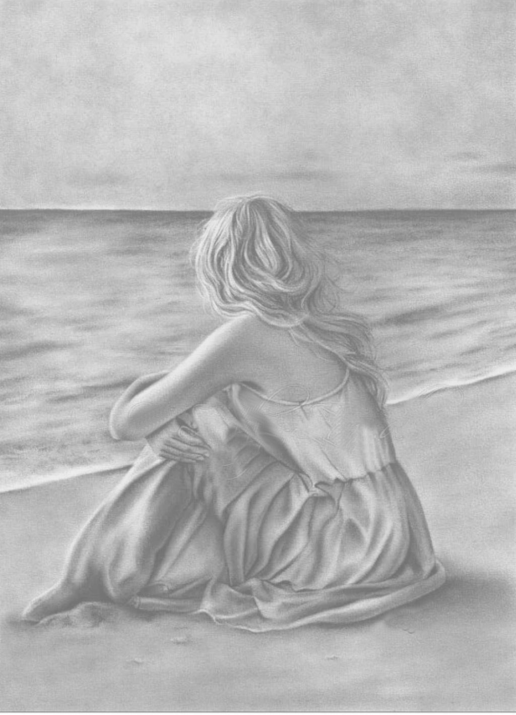 Девушка у моря карандашом