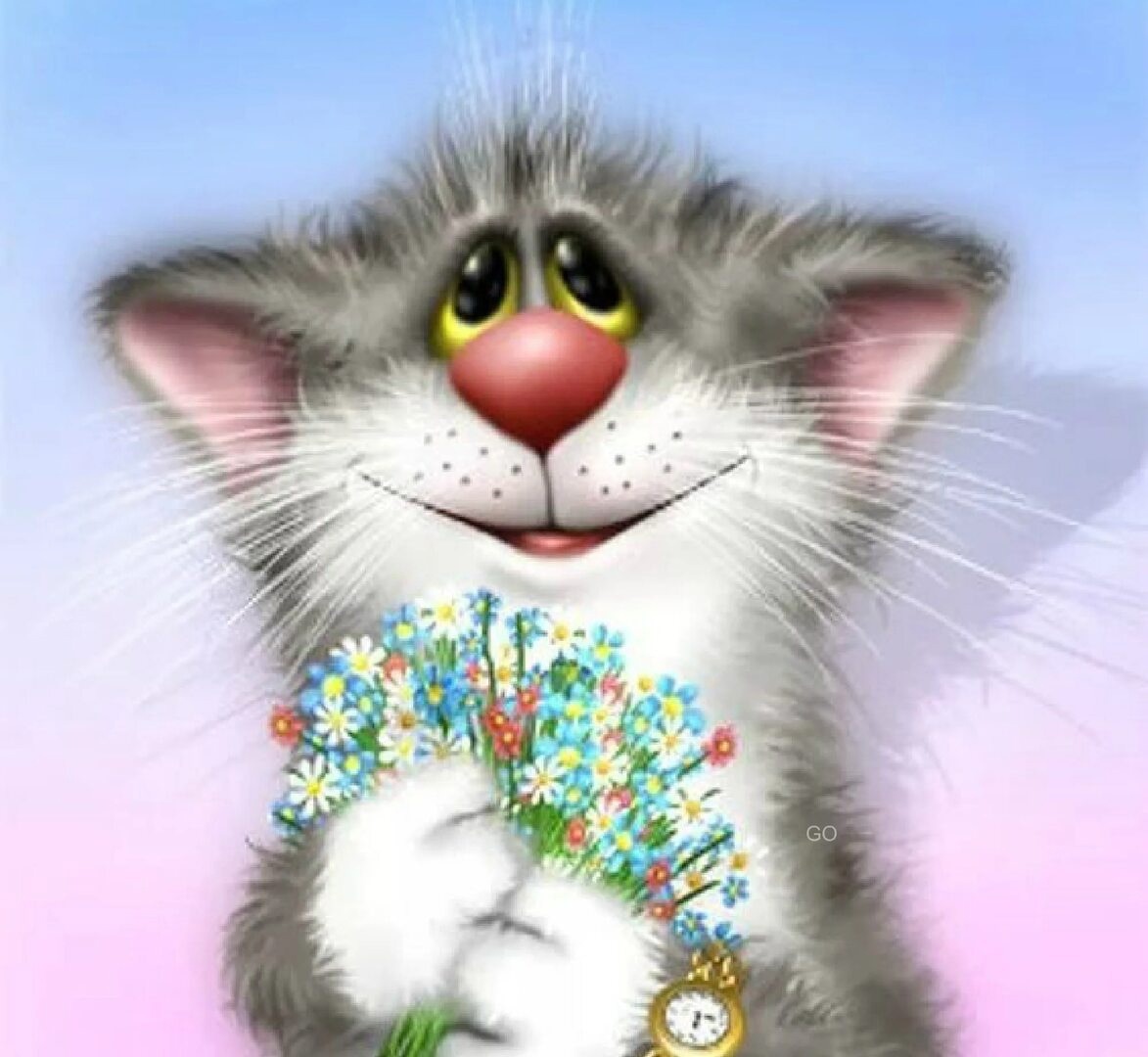 Кот с цветами открытка