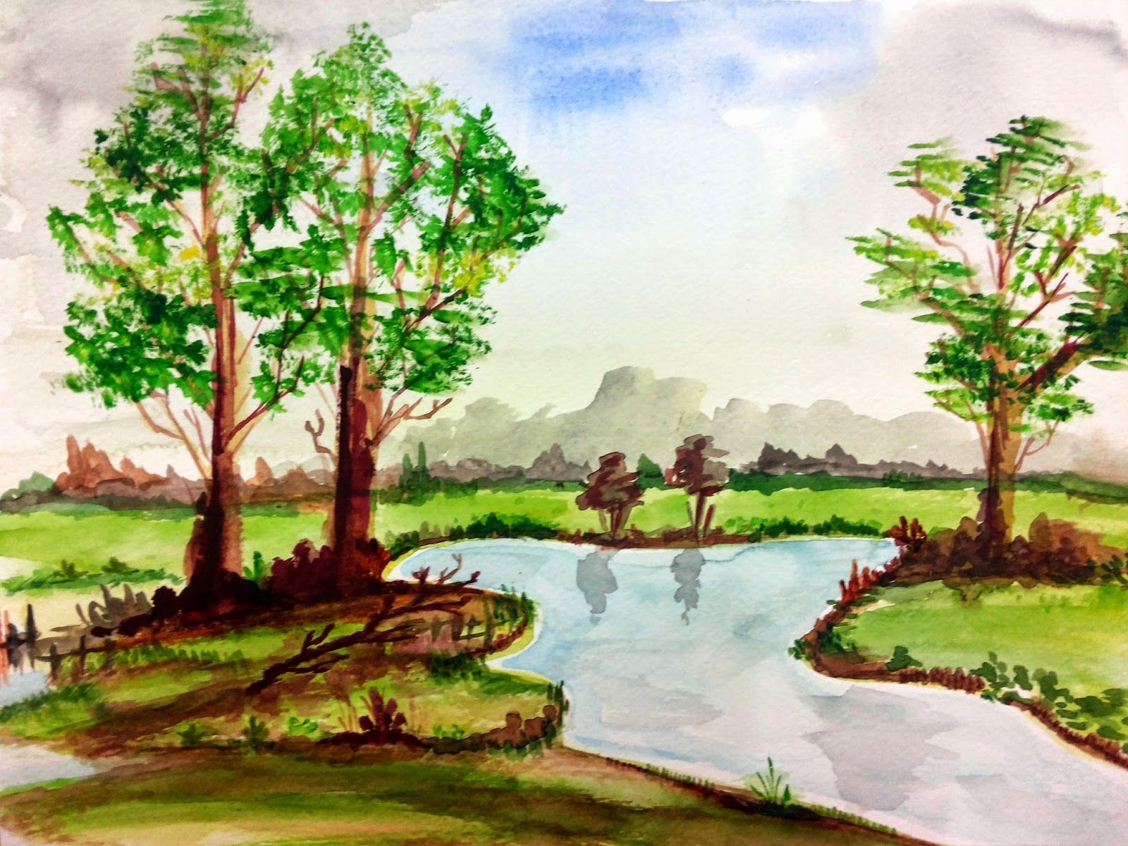Рисунок природа деревья и речка