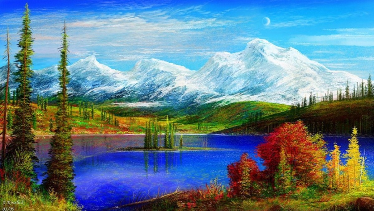 Пейзаж горы цветными карандашами